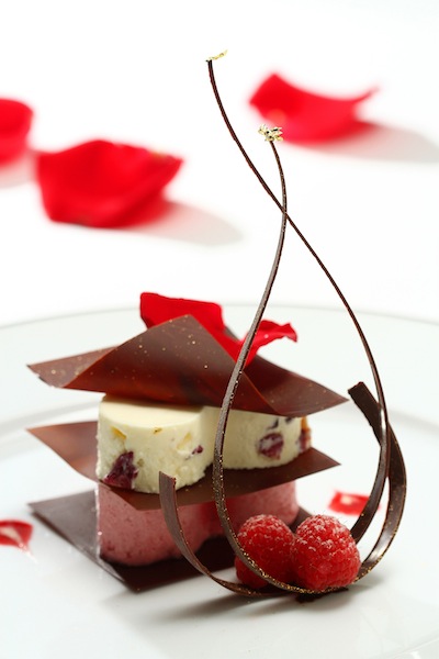 hugo's Valrhona chocolate filo, raspberry and rose white chocolate parfait