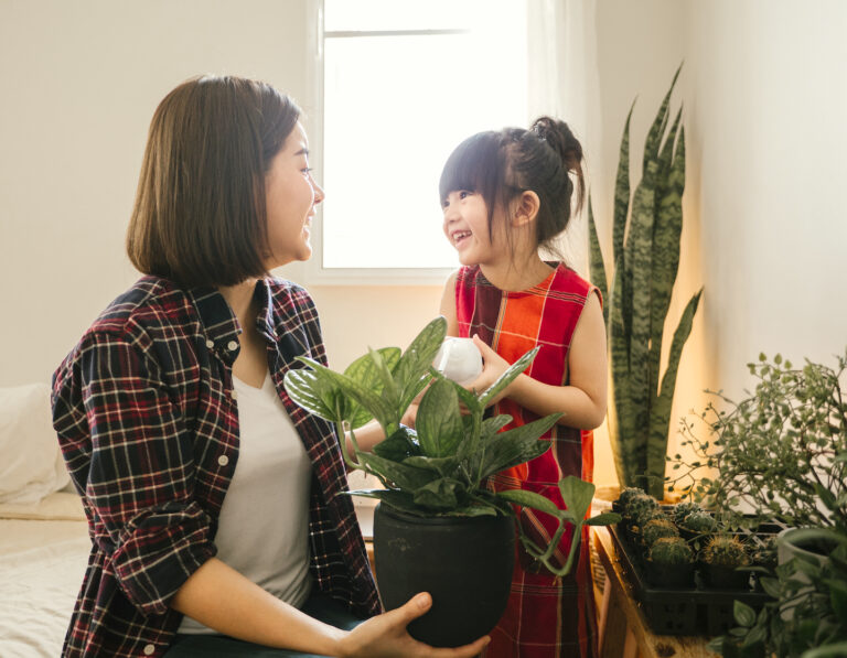 Young mother and daughter planting cactus in the room.