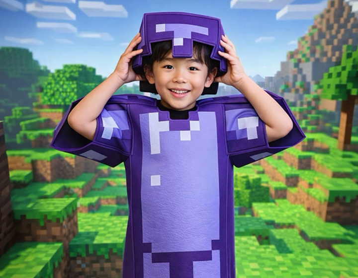 young boy in Minecraft costume from YME House for Halloween, halloween costumes for kids ymehouse