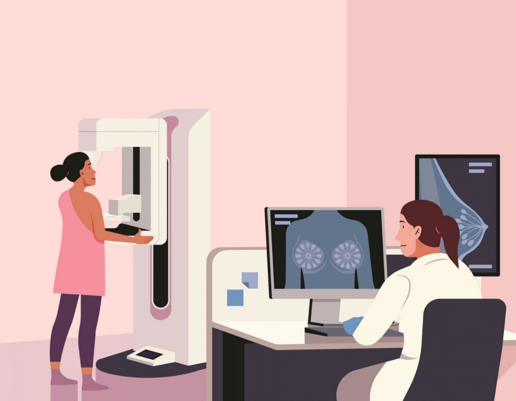 a graphic image showing a woman getting a mammogram