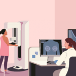 a graphic image showing a woman getting a mammogram