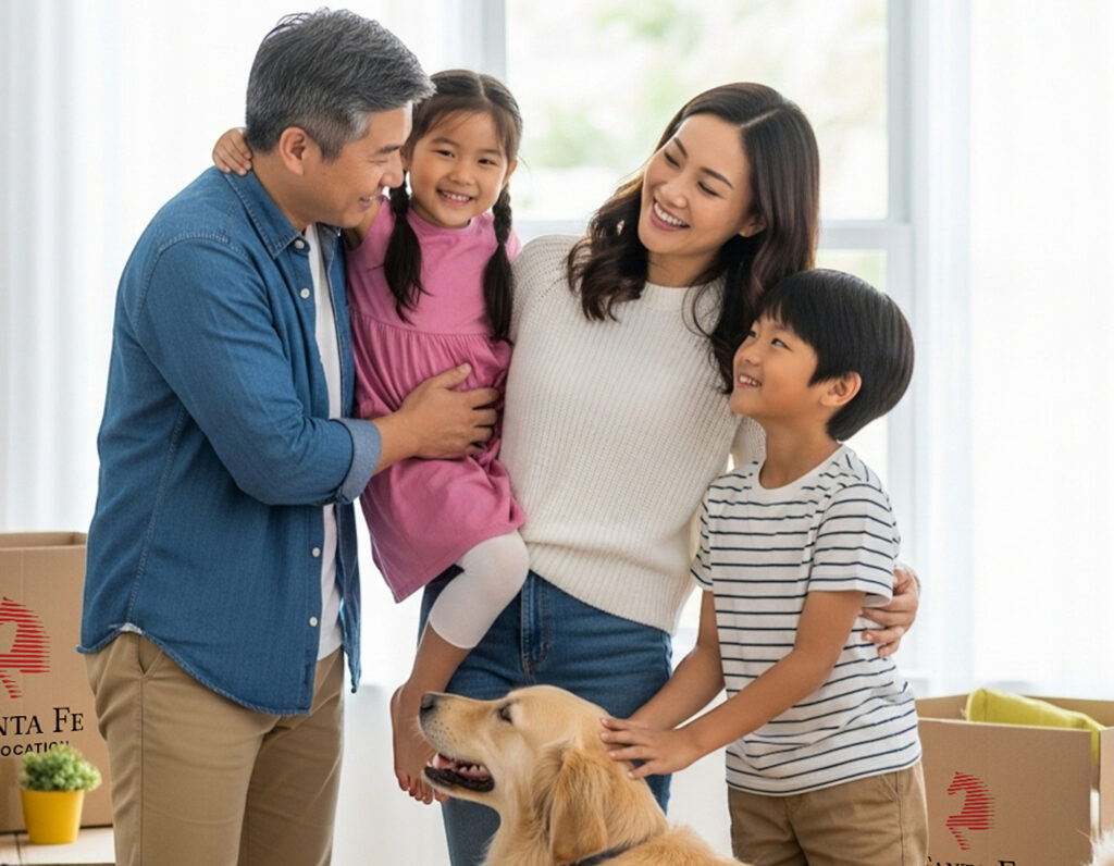 Santa Fe Relocation for international moves, family and dog packing up a house to move
