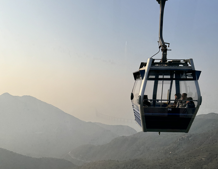 Family Friendly guide to Lantau Island Hong Kong: Ngong Ping 360 Cable car, view of Ngong Ping Cable Car with Lantau in the background