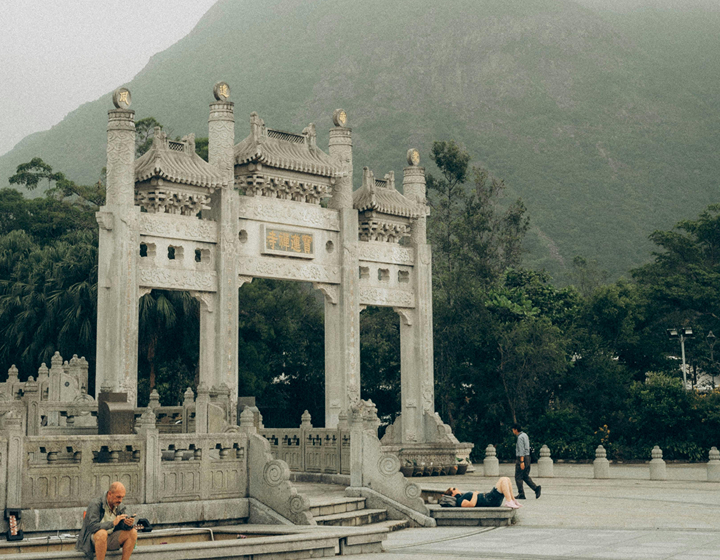 Family Friendly guide to Lantau Island Hong Kong: Ngong Ping Village piazza entrace to Big Buddha gate