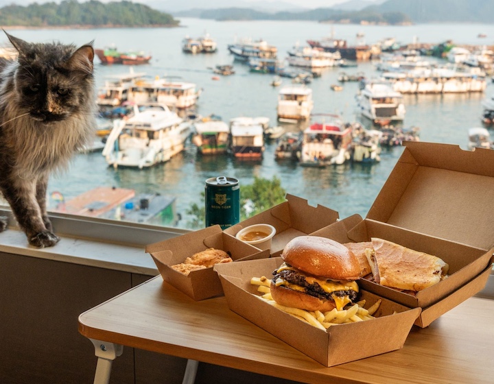 burger and fries by Big Pink Burger overlooking the Sai Kung harbour