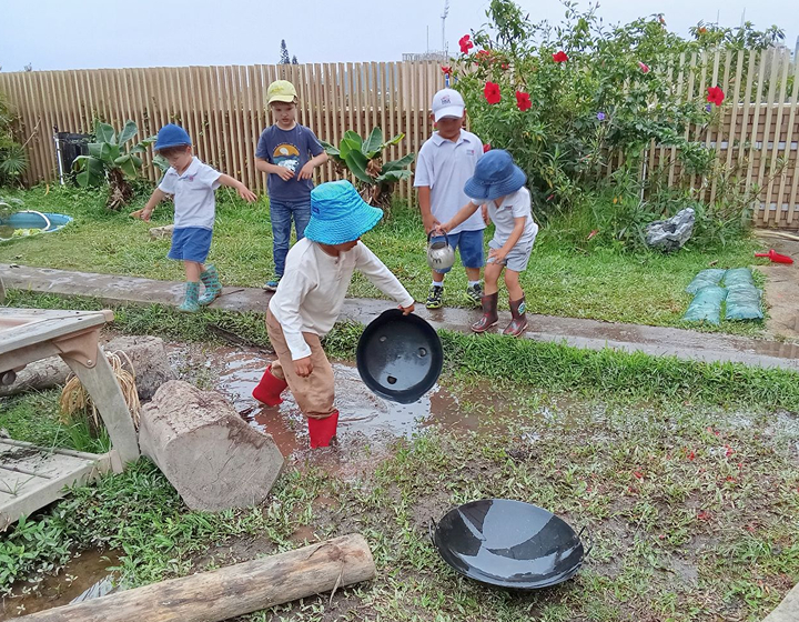 Hong Kong Academy, The Maker's Atelier, Pre-K students gardening, working outdoors in nature