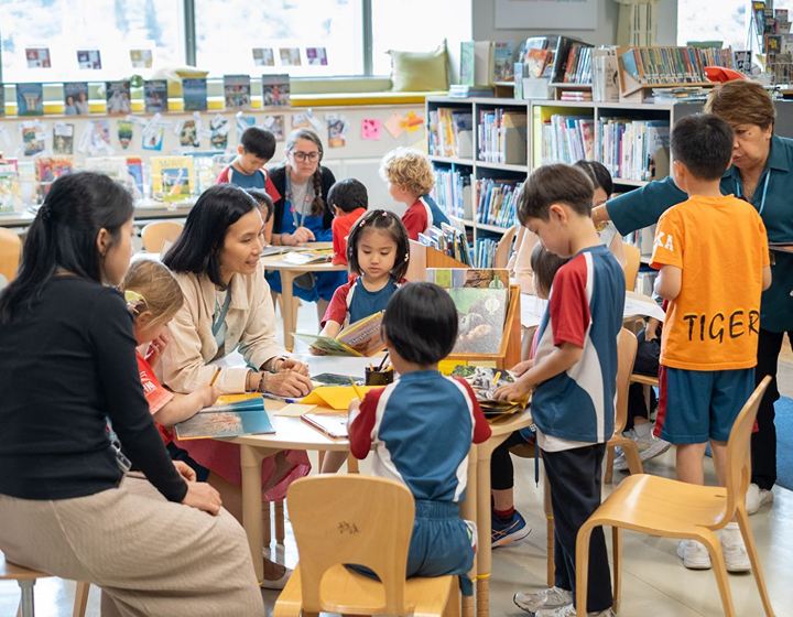 Hong Kong Academy, The Maker's Atelier, Pre-K students and teachers in afternoon session working with books