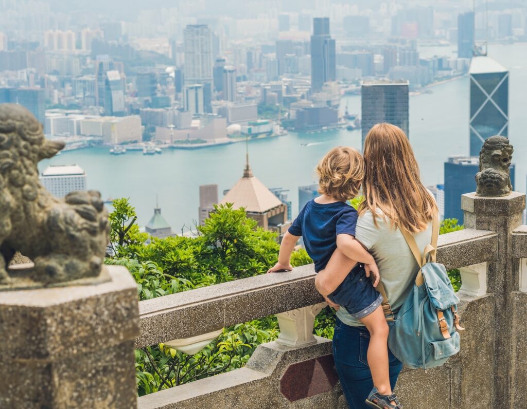 mother and son explore the free things to do in Hong Kong with kids at Victoria Peak