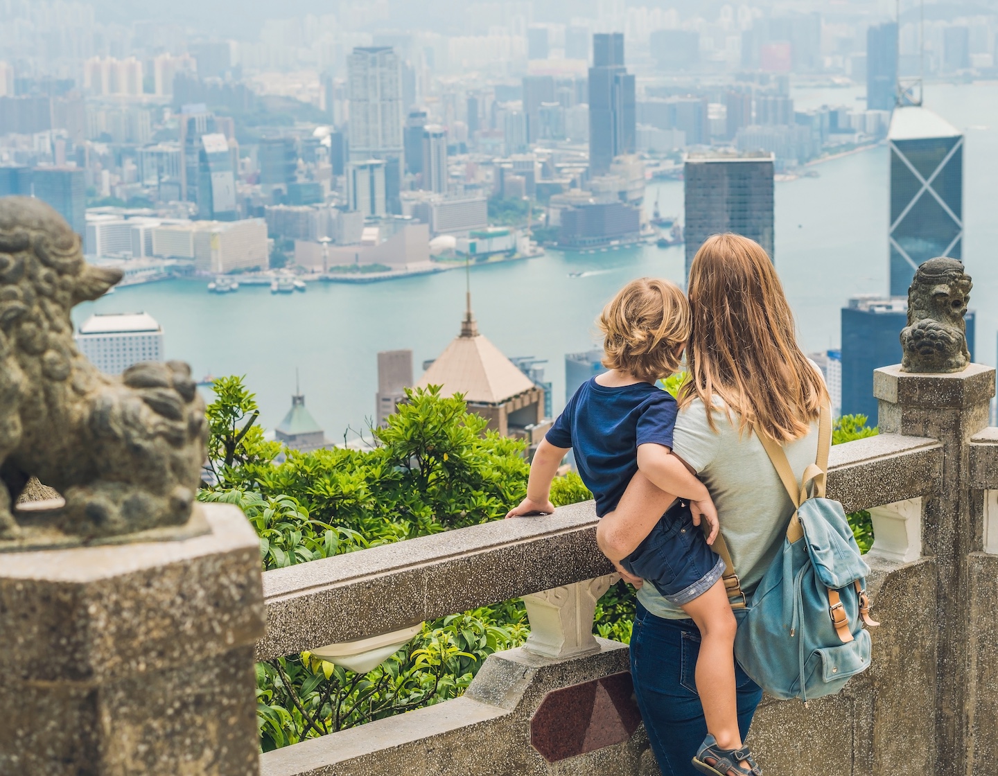mother and son explore the free things to do in Hong Kong with kids at Victoria Peak