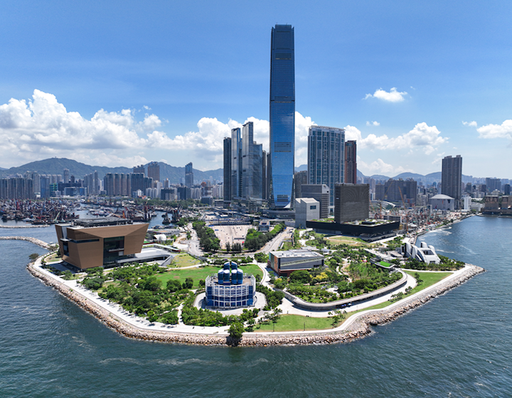 aerial photo of West Kowloon cultural district, one of the best free things to do in Hong Kong with kids