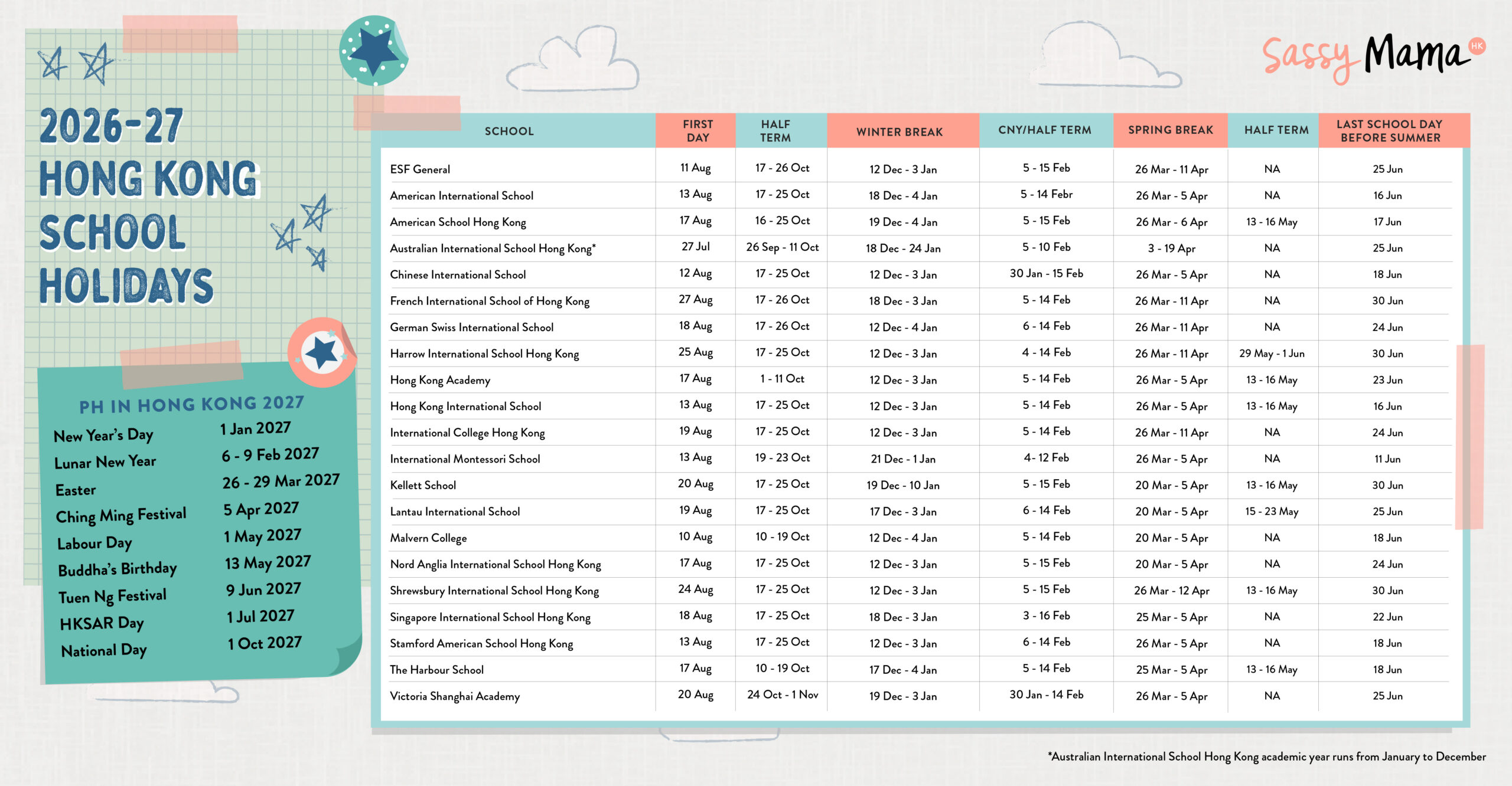 Sassy Mama's Hong Kong International School Calendar 2026-27
