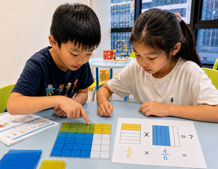 two students at Growing IQ learning about fractions and developing critical thinking skills in Hong Kong
