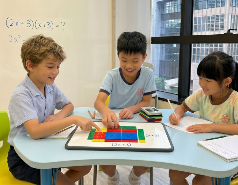 three students at a Growing IQ class, learning about algebra in small group classes that promote critical thinking