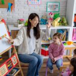 A preschool teacher introduces basic numbers to a group of young children during an interactive classroom learning activity in a Hong Kong bilingual playgroup or kindergarten.