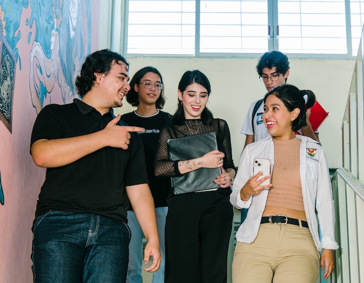 Hong Kong international school students walk in corridor