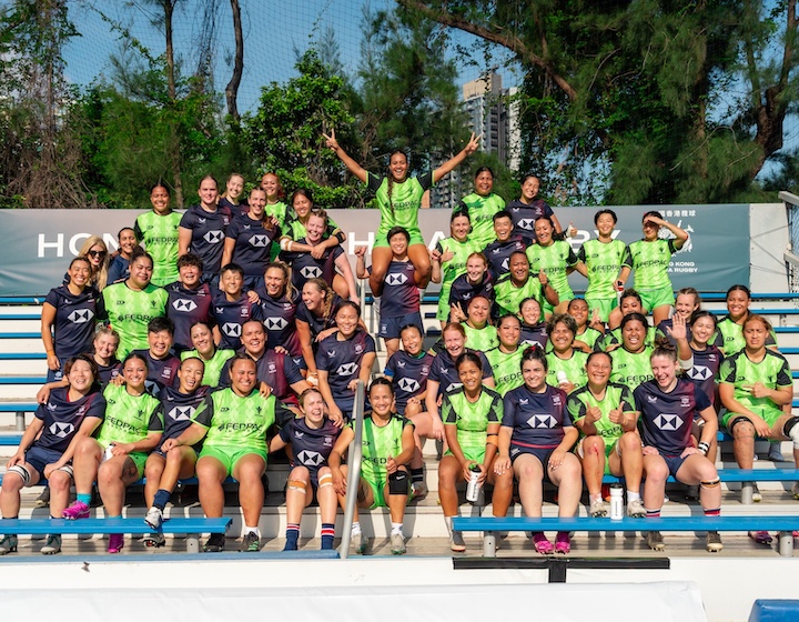 Hong Kong China women's rugby team with the samoan rugby team before a friendly game in Hong Kong
