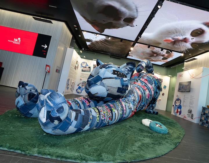a giant patchwork cat at the Hong Kong design institute meow-cation exhibition in Hong Kong
