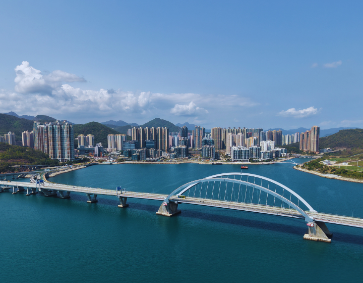 aerial view of the cross bay bridge and tseung kwan o in the background