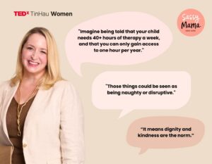 graphic image of Mary Shaus, the founder of Talos Foundation, with quotes from her interview with sassy mama