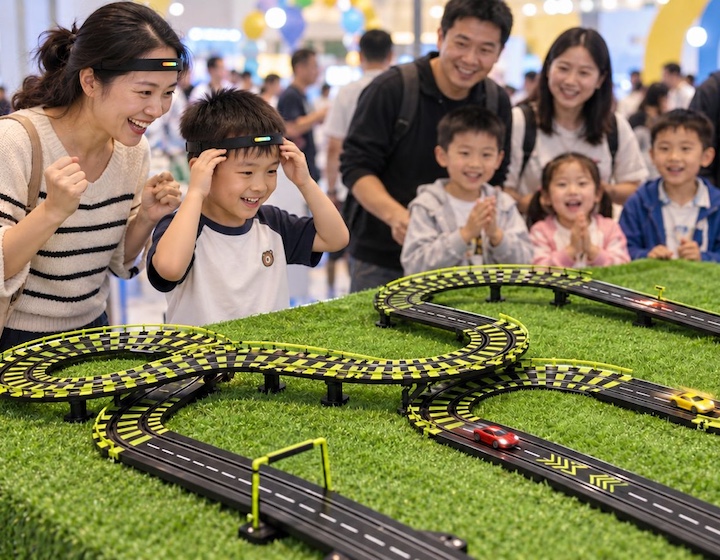 a mother plays a racing car game with her son at an add awareness event in Hong Kong