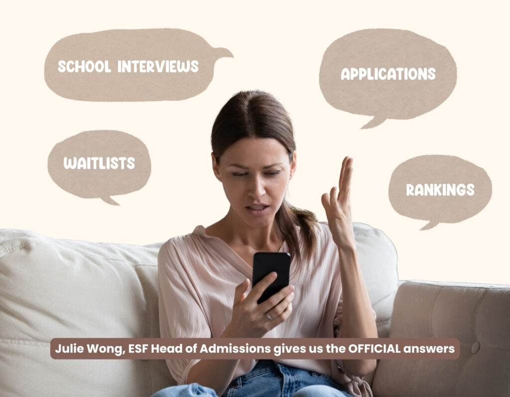a graphic design image of a woman looking at a phone with thought bubbles to show worry about esf applications, waitlists and school interviews