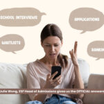 a graphic design image of a woman looking at a phone with thought bubbles to show worry about esf applications, waitlists and school interviews
