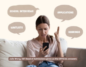 a graphic design image of a woman looking at a phone with thought bubbles to show worry about esf applications, waitlists and school interviews