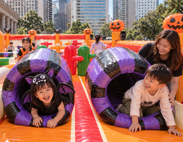 two children crawling through a halloween themed bouncy castle in Central Hong Kong