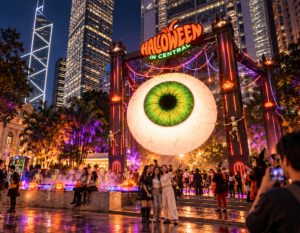 a giant eyeball halloween decoration in the middle of central Hong Kong in 2026