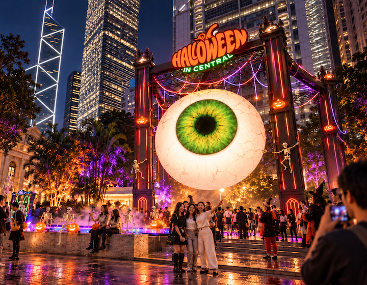 a giant eyeball halloween decoration in the middle of central Hong Kong in 2026