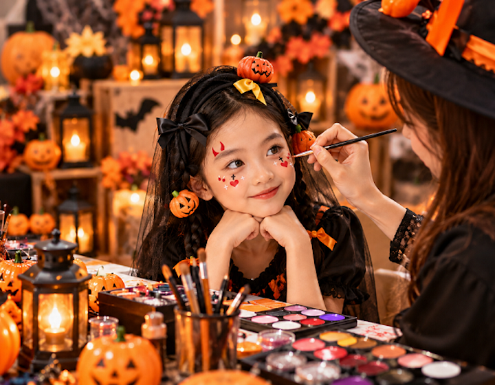 a little girl gets her face painted while surrounded by halloween decorations