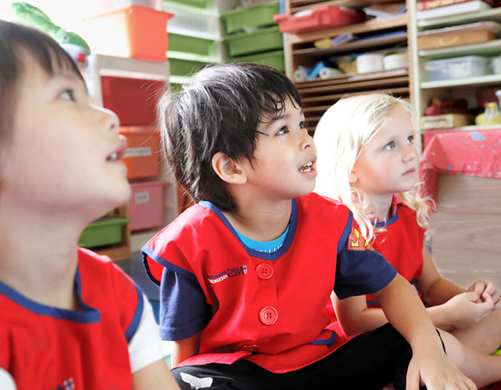 three Norwegian International School students in class paying attention