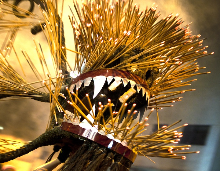 a close up of the fire dragon that lights up and goes on parade through Tai Hang, Hong Kong as part of the mid-autumn festival celebrations. 