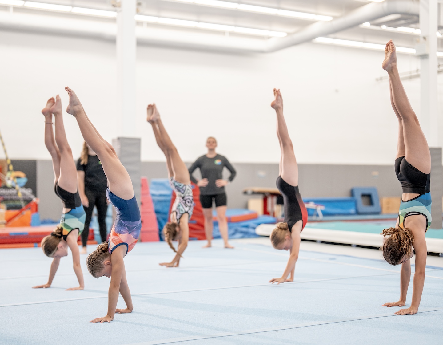 a group of gymnasts practising handstands