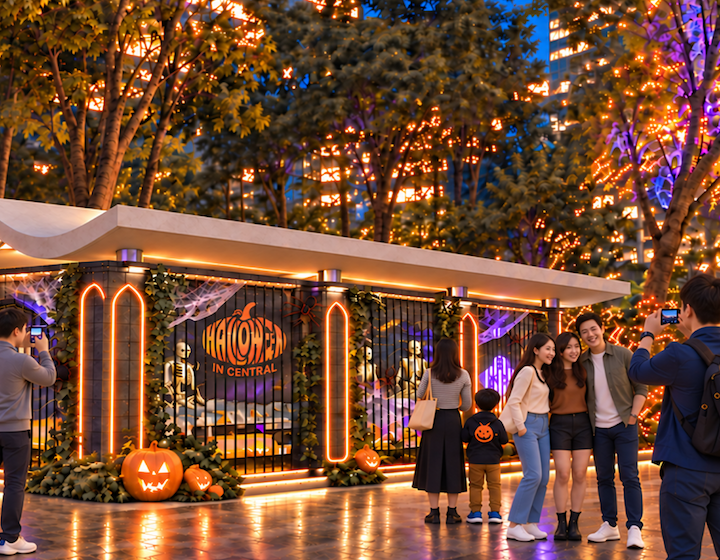 a family takes a photo with the halloween decorations in Central Hong Kong