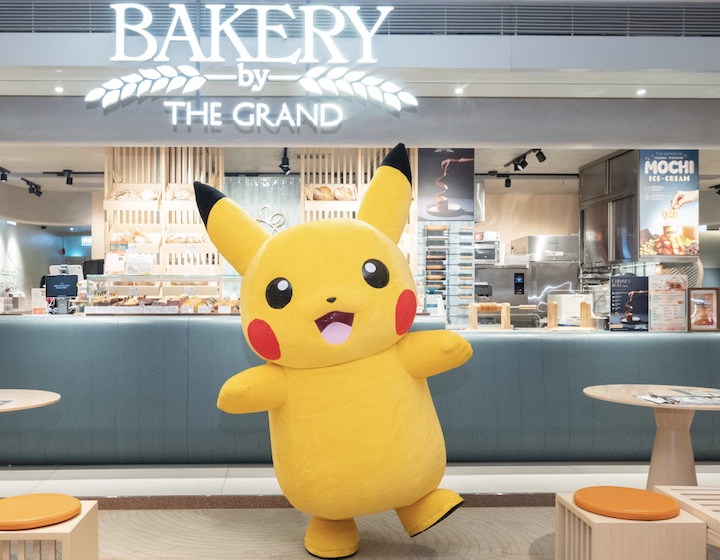 a Picachu Pokemon character outside The Grand Bakery at Festival Walk to celebrate the 30th Anniversary of Pokemon in Hong Kong