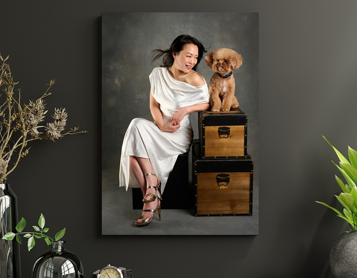 portrait of a woman and her dog hung up at home, taken by Rosa & Daniel Photography in Central Hong Kong