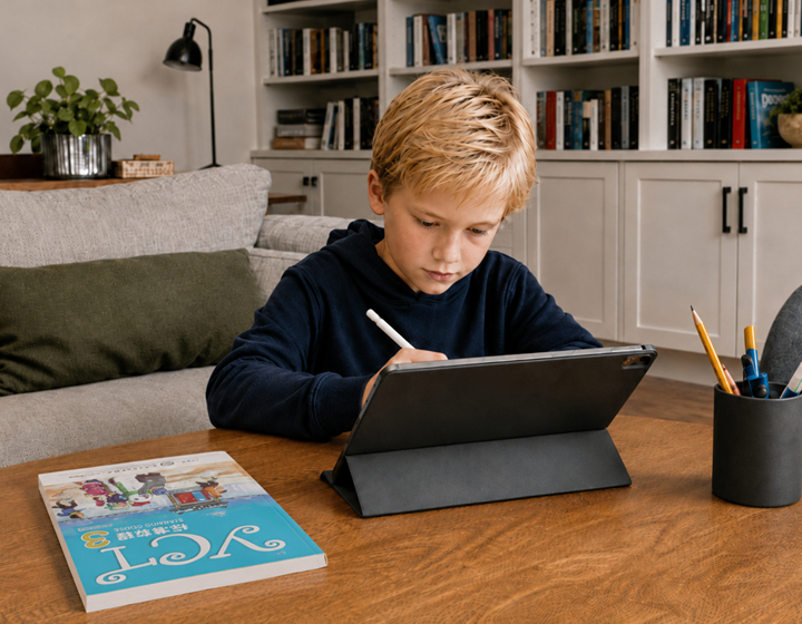 young boy studying chinese online through linguabox, learning platform for mandarin and cantonese